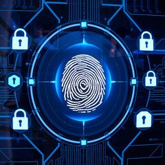 Fototapeta premium A digital fingerprint scan in progress on a futuristic interface surrounded by symbols of encryption