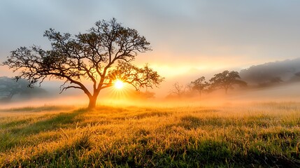 Fototapeta premium A serene and mystical scene captures the essence of dawn as the suns rays softly peep through a blanket of thick fog, illuminating gnarled trees and dew covered grass in the distance.