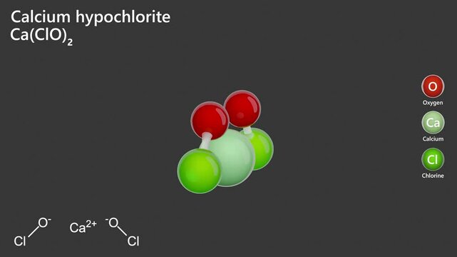 Calcium Hypochlorite. Bleaching agent. Animated 3D model of a molecule. Molecular formula: Ca(ClO)2. Chemical model: Ball and stick. Gray background. 3D rendering. Seamless loop.