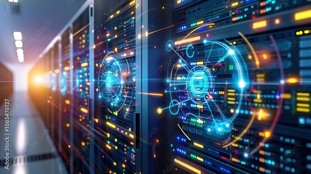 Aufkleber advanced technology in data center featuring illuminated server racks and digital connections. vibra