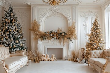 Fototapeta premium Elegant white room decorated for Christmas with golden tree, fireplace, sofa, and teddy bears. Wreath, garland, and chandelier create a cozy festive atmosphere.