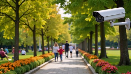 Obraz premium Surveillance camera watching over peaceful park trail for security and tranquility