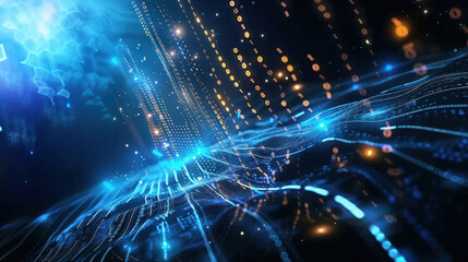 Obraz premium Futuristic digital landscape with blue binary code flowing vertically against dark background, creating sense of depth and movement. vibrant colors evoke feeling of technology and innovation