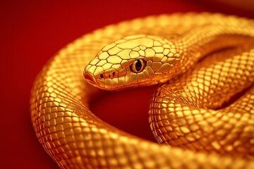 Fototapeta premium Golden snake on red background, Happy lunar New Year 2025 Year of the snake Chinese new year symbol