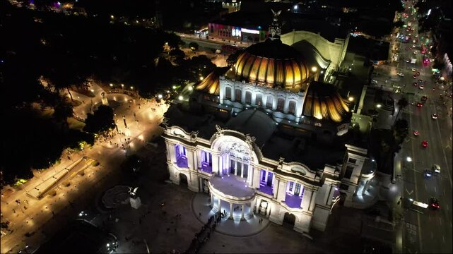 Nighttime Aerial View of the Palacio de Bellas Artes in Mexico City