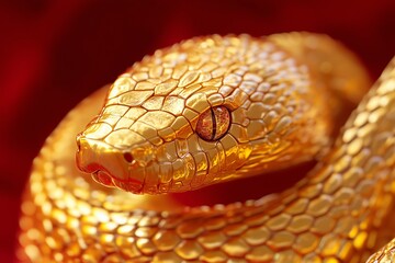 Fototapeta premium Golden snake on red background, Happy lunar New Year 2025 Year of the snake Chinese new year symbol