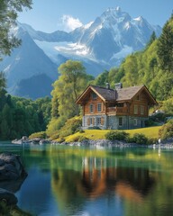 Obraz premium AI generator image of place of home, soaring light rock with forest, around the sea and waterfalls in the middle is a modern villa with swimming pool, rays of the setting sun, naturalistic materials