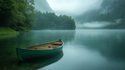 green row boat floats quietly on the lake, Generative AI