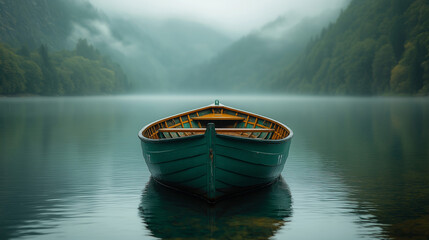 boat on the lake,green row boat floats quietly on the lake, Generative AI