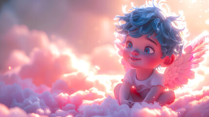 Fototapeta premium A cute angel with blue hair sits on pink clouds in the rays of sunlight. Cartoon cupid. Valentine's day. The 14th of February. The concept of love