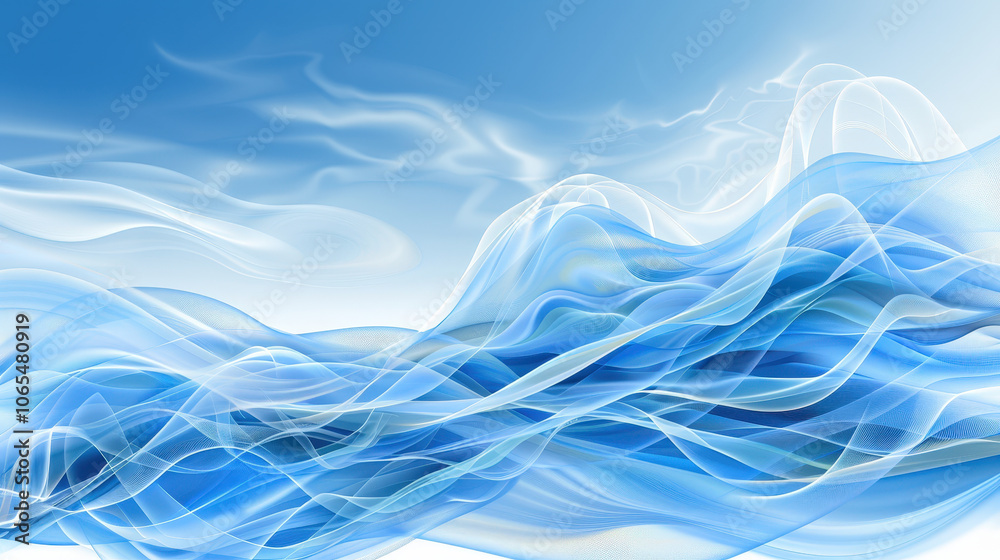 Poster soft blue background with flowing abstract streams of water, creating serene and calming atmosphere.
