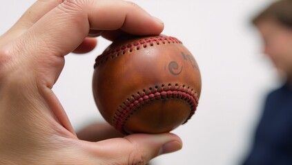 A detailed portrait showcases an up-close view of a person clutching a baseball