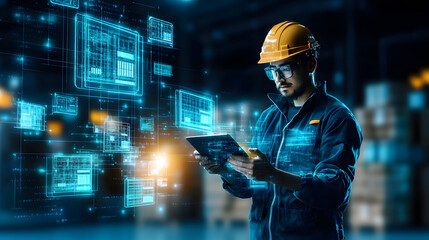 worker in hard hat using tablet with digital data overlay in warehouse