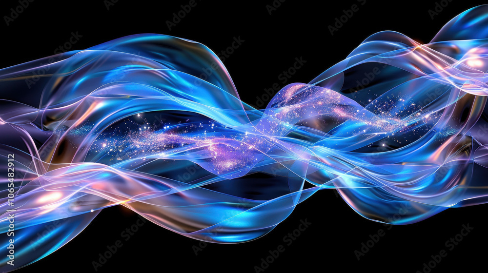 Poster dynamic wave of colorful particles flowing gracefully through dark background, creating mesmerizing 