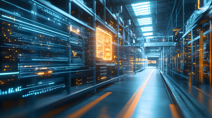 Automated systems in futuristic warehouse with glowing data displays