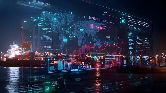Logistics dashboard with global map, data analytics, and shipping visuals - Powered by Adobe