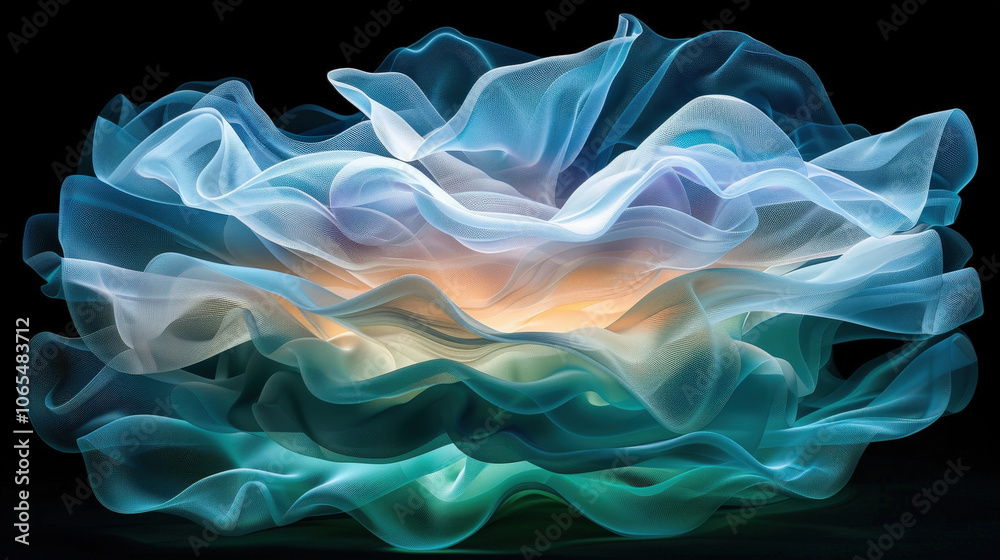Poster mesmerizing display of flowing particle waves in blue and white tones, creating soft, ethereal effec