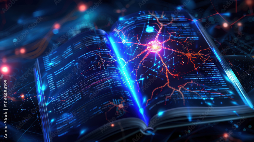 Aufkleber futuristic open book with glowing data and neural network patterns, symbolizing knowledge and techno