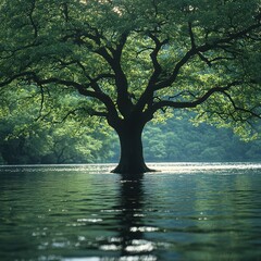 A lone tree stands tall in a tranquil lake, its branches reaching towards the sky, its reflection mirrored in the still water.