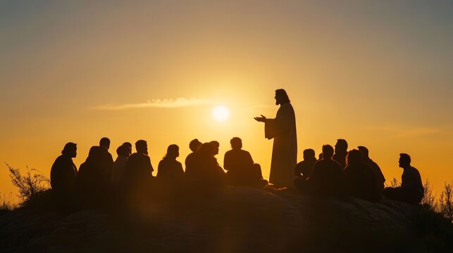 Silhouette of jesus delivering a sermon on a mountain top  a biblical gospel teaching scene