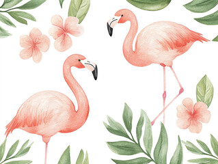 Fototapeta premium Flamingos in tropical setting with pink flowers and green leaves create vibrant and lively atmosphere. Perfect for summer themed designs