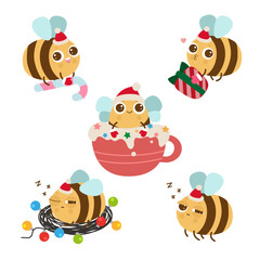 Obraz premium Cute Christmas bee set. Funny kawaii Christmas stickers