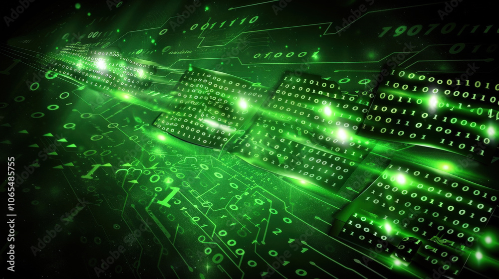 Poster digital binary code flows through vibrant green background, creating futuristic atmosphere. scattere