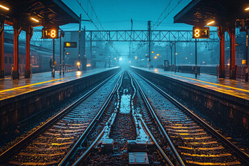 Foggy evening at the train station with illuminated tracks