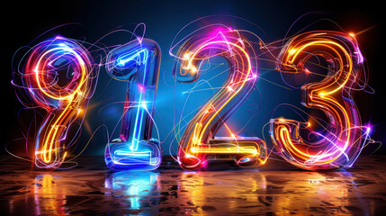 Glowing numbers 9, 1, 2, and 3 create vibrant display against dark background, showcasing colorful light trails that evoke sense of energy and excitement