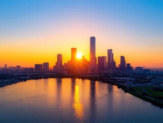 Fototapeta premium City skyline at sunset over a calm river with glowing reflections.