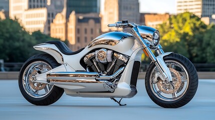 Obraz premium The sleek and modern motorbike gleams in the sunlight, its chrome accents catching the eye of onlookers as it sits parked against the backdrop of an urban cityscape.