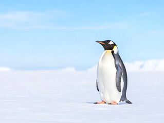 Obraz premium majestic emperor penguin stands on snowy landscape under clear blue sky, showcasing its distinctive black and white plumage