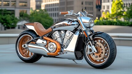 Obraz premium The sleek and modern motorbike gleams in the sunlight, its chrome accents catching the eye of onlookers as it sits parked against the backdrop of an urban cityscape.