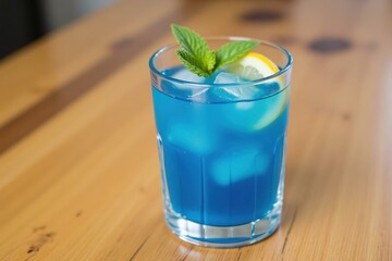 Refreshing Blue Cocktail with Lemon and Mint on a Wooden Table - Perfect for Summer Parties and Relaxation