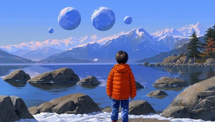 Boy in orange jacket walks on rocks under floating digital icons