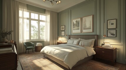 Fototapeta premium Luxurious Bedroom Interior with Large Window and Beige Bed