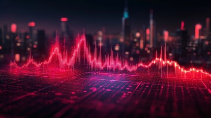 Abstract Neon Red Line Graph Over City Skyline at Night