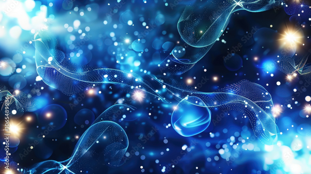 Aufkleber high tech blue background with data flow pattern, featuring glowing particles and abstract waves. th