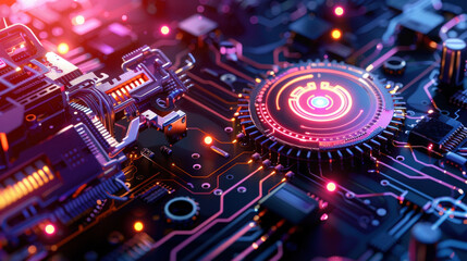 High tech blue layout featuring intricate circuit patterns and glowing elements, showcasing futuristic design with vibrant colors and advanced technology