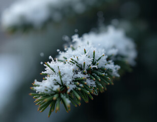 Close-up of sparkling snowflakes resting on a dark green evergreen branch