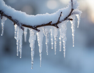 Close-up of delicate icicles hanging from a snowy tree branch
