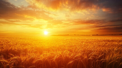 Fototapeta premium A vibrant sunset illuminating a golden field of barley, creating a stunning contrast against the darkening sky.