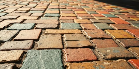 A close-up perspective of a cobblestone path, showcasing the intricate pattern of weathered bricks in shades of brown, red, green, and yellow, creating a tapestry of colors and textures.