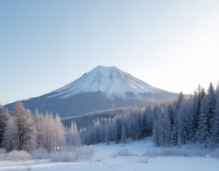 A snow-capped mountain surrounded by frosty trees