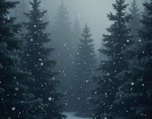 Soft snowflakes gently falling against a backdrop of dark evergreens