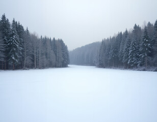 An open field of untouched snow leading to a dense forest in winter