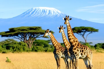 Fototapeta premium Giraffes in Front of Mount Kilimanjaro Landscape