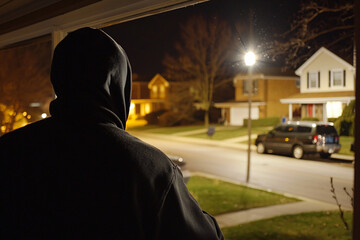 Fototapeta premium burglar wearing black hoodie breaking into suburban house through window at night