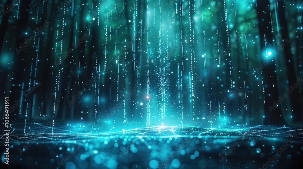 Poster mesmerizing abstract scene featuring blue background with glowing data streams and particles, creati