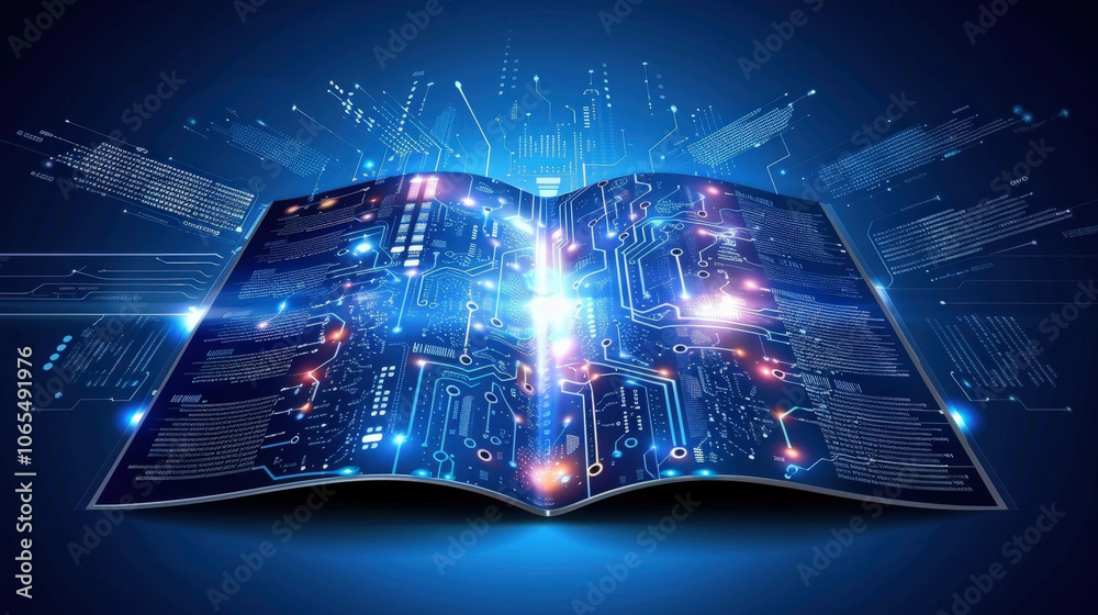 Aufkleber futuristic open book with glowing digital circuits and data streams emanating from its pages, symbol